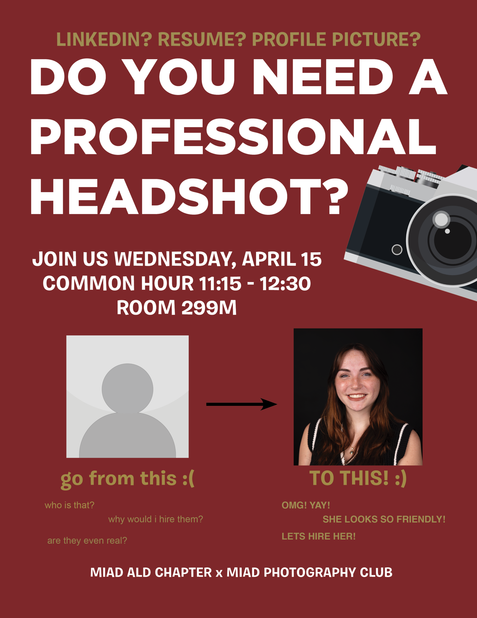 Professional Headshots Photoshoot – April 15 Common Hour