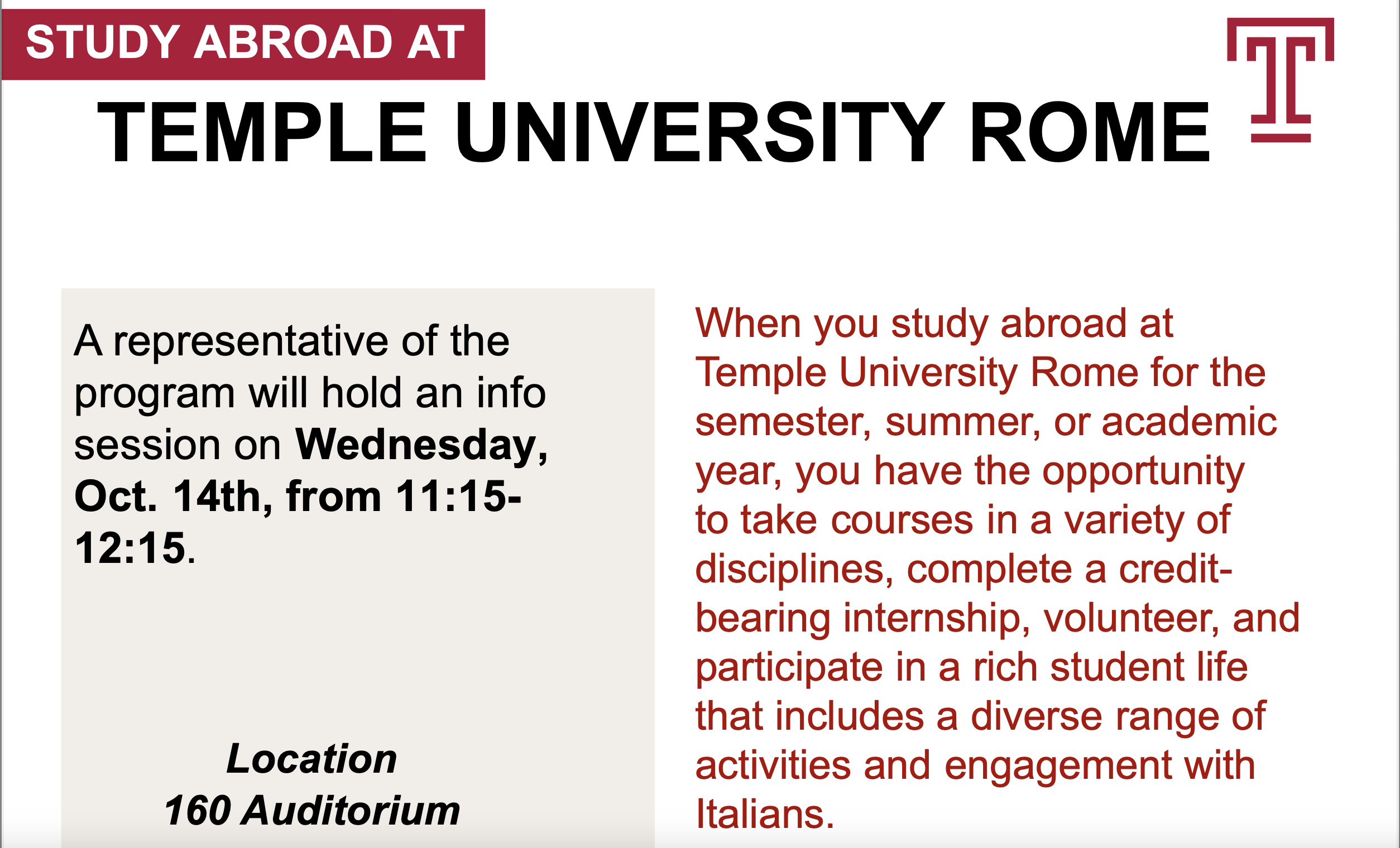 Temple University – Rome Information Session, Oct. 14